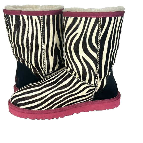 UGG Australia Boots Womens 6 Classic Short Leather Real Fur Zebra Print Lined - Picture 8 of 13